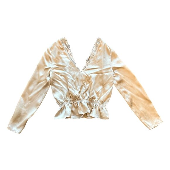 Aritzia Little Moon - Champagne Pink 100% Silk Blouse Lace Trim - XXS - Picture 3 of 9